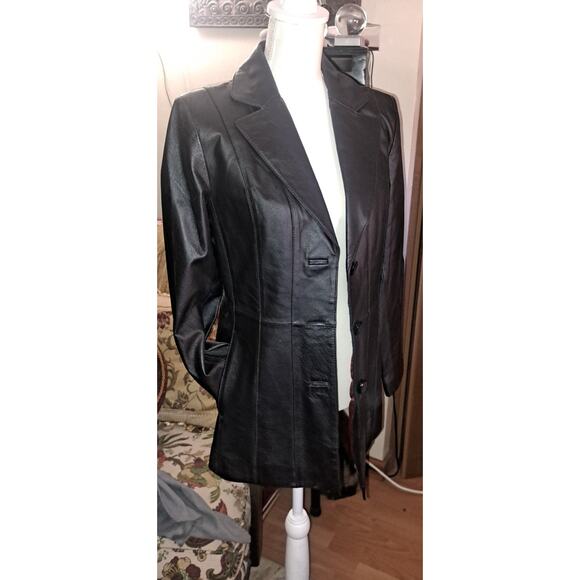 Gorgeous Worthington Black Leather Ladies 3 button Lined Jacket Sz Small - Picture 2 of 8